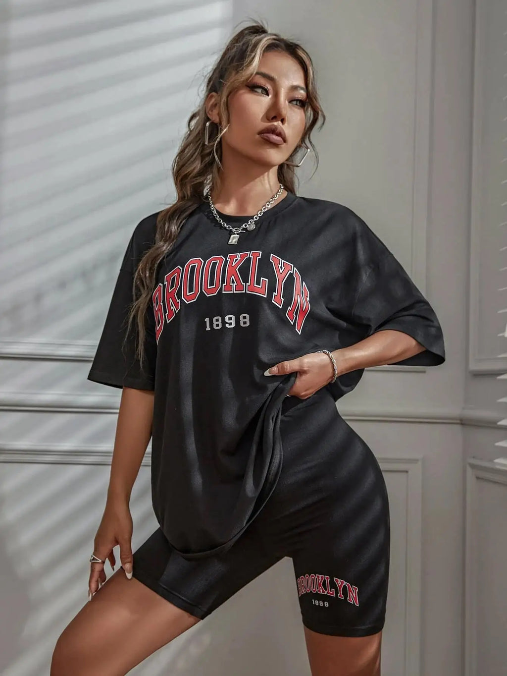 Brooklyn 1898 New York City Letter Graphic Cotton T-Shirt and Oversized Shorts Two-Piece Summer Casual Set for Women S-XL