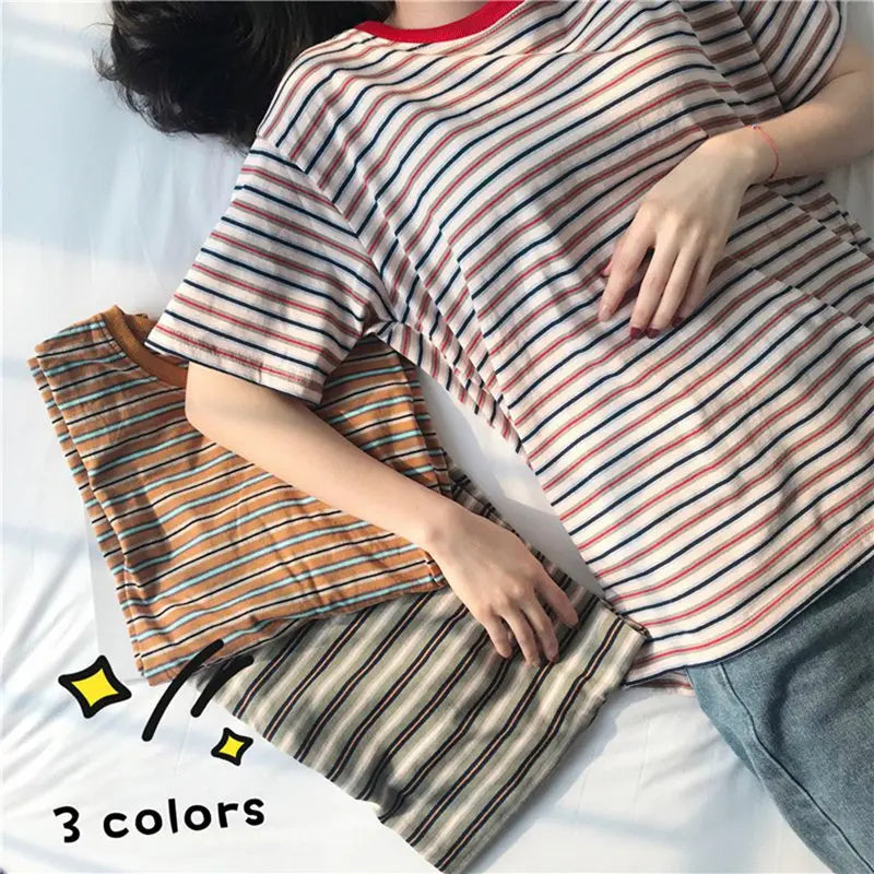 Korean Loose Striped T-shirts for Women Short Sleeves Round Neck Casual Top