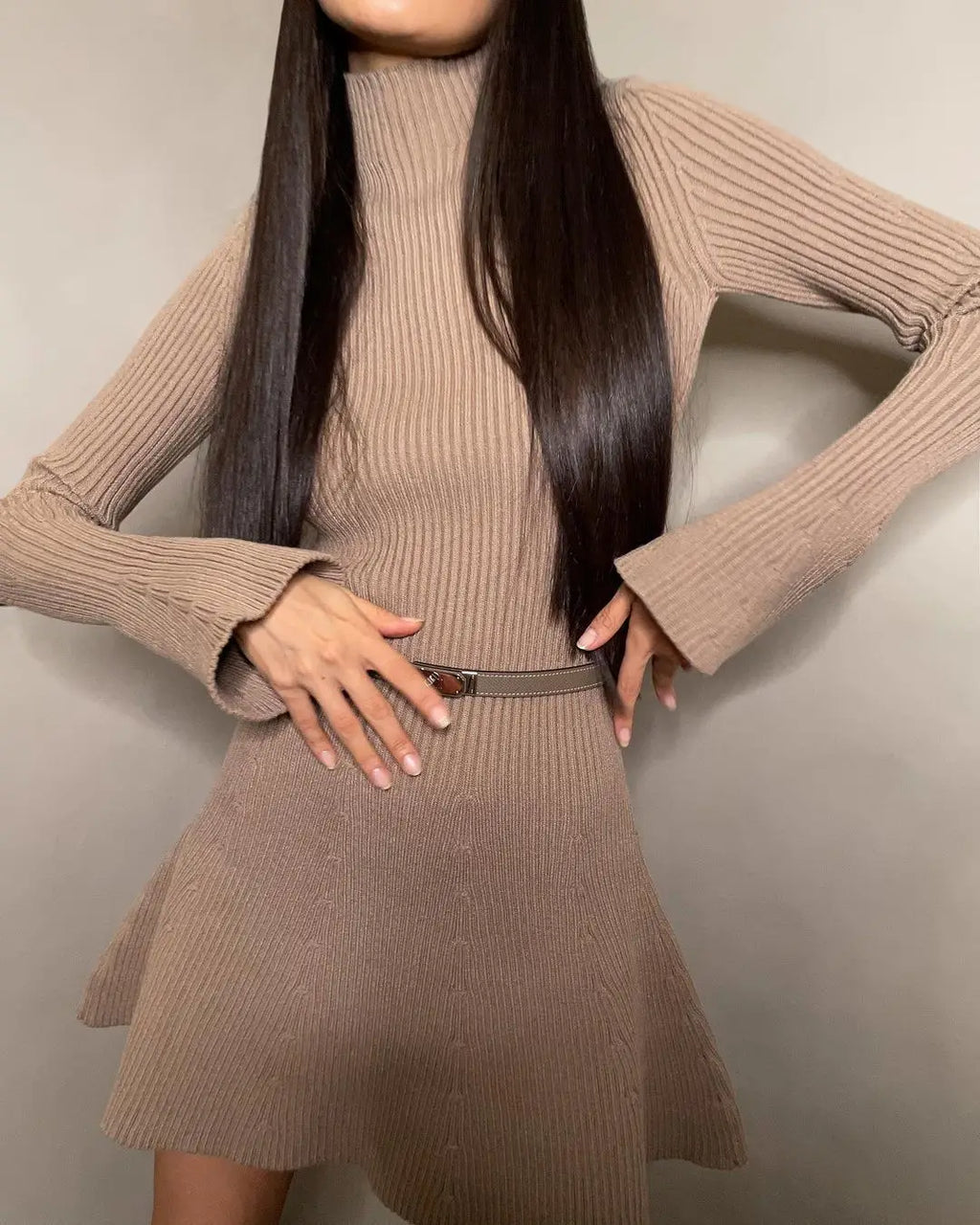 Elegant Women High Neck Knit Dress With Long Sleeve