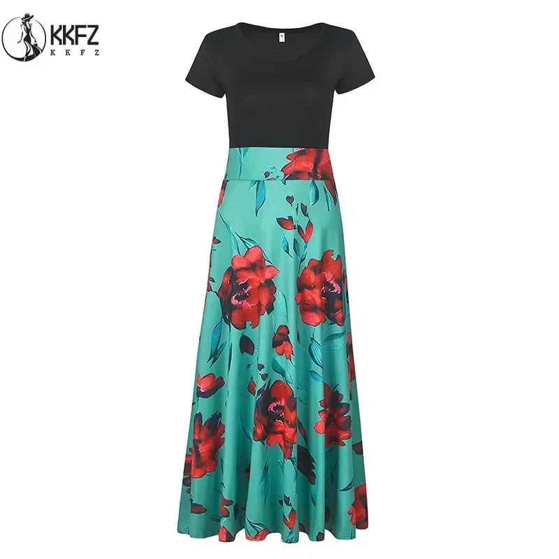 Printed Pleated Maxi Dress With Crew Neck Short Sleeves