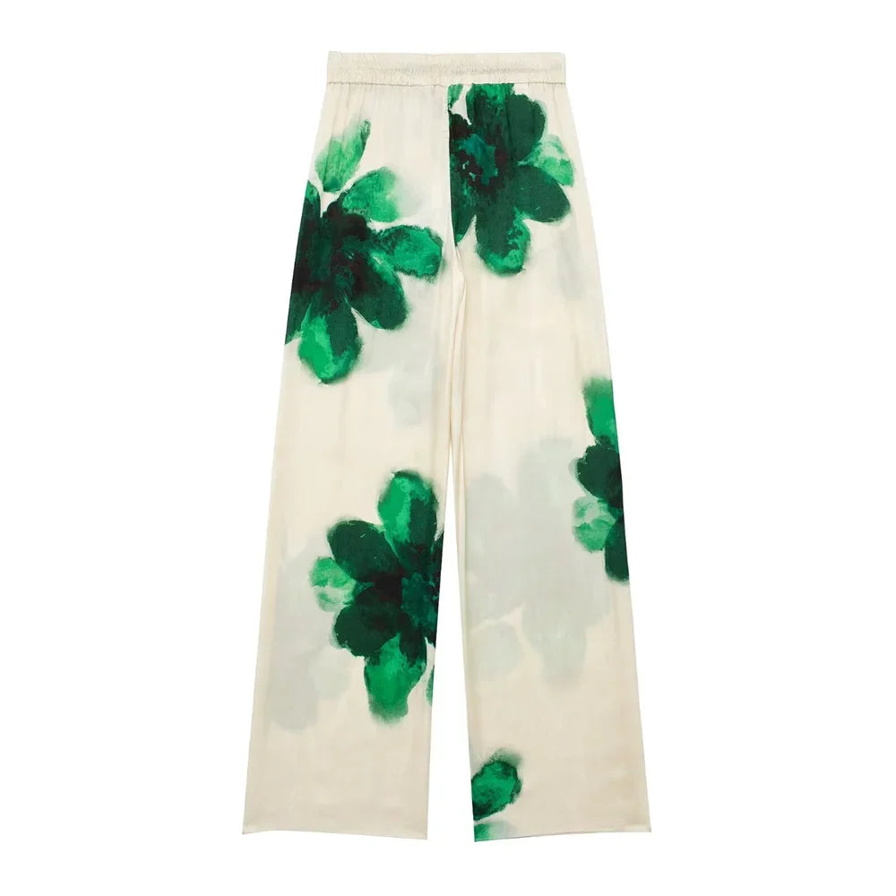 Autumn Women's Casual Loose Collar Long Sleeve Printed Shirt and High Waist Wide Leg Pants Set