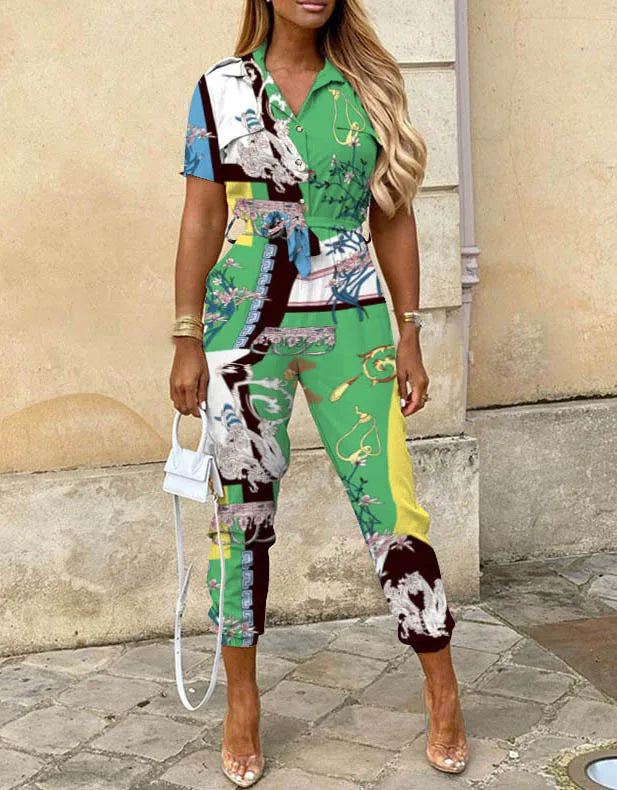 Summer Casual Women's Jumpsuit with Lapel Collar Printed Waistband and Stylish Buckle Detail