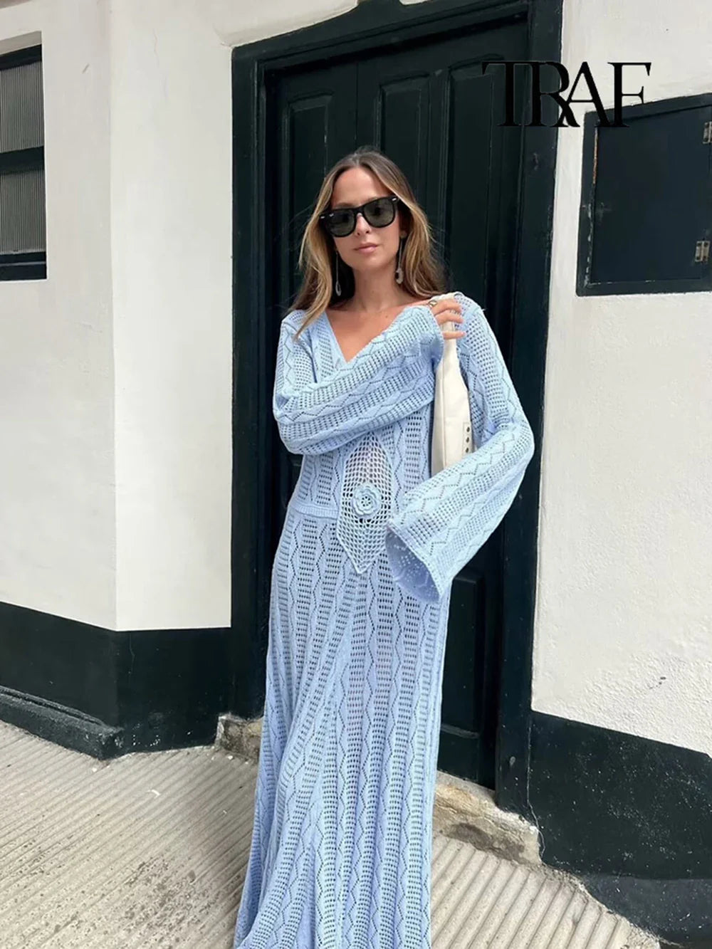 Blue Knit Beach Maxi Dress V Neck Long Sleeve Sheer