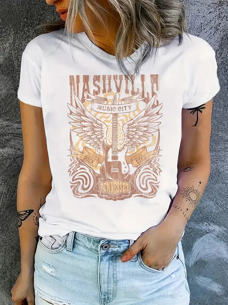 Country Music T-Shirt Short Sleeve Crew Neck Casual Top for Women Comfortable Retro Design