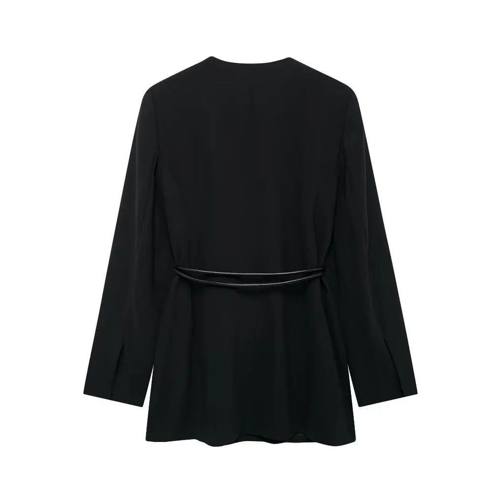 Women's Fashion Long Sleeve Suit Jacket with Belt and Zipper Straight Pants Set