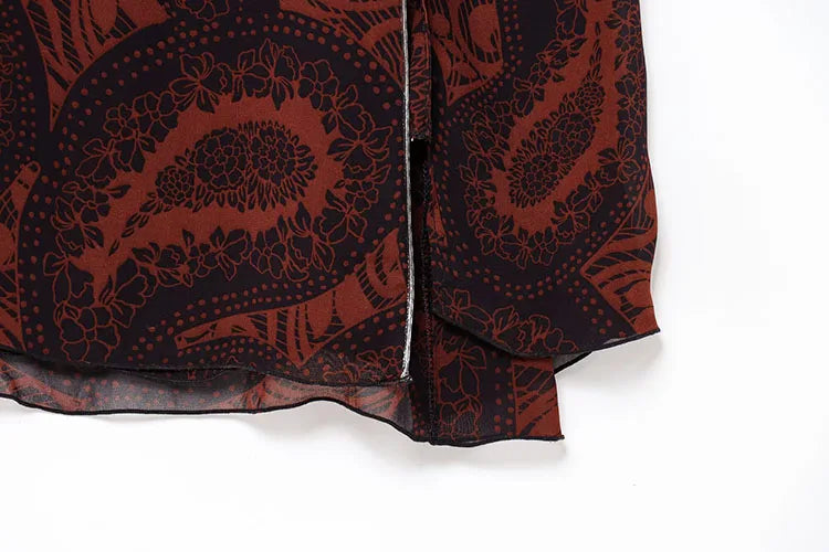 Women's Spring Printed Midi Skirt Two-Piece Set with Casual Folded Silk Texture Shirt and High Waist Skirt