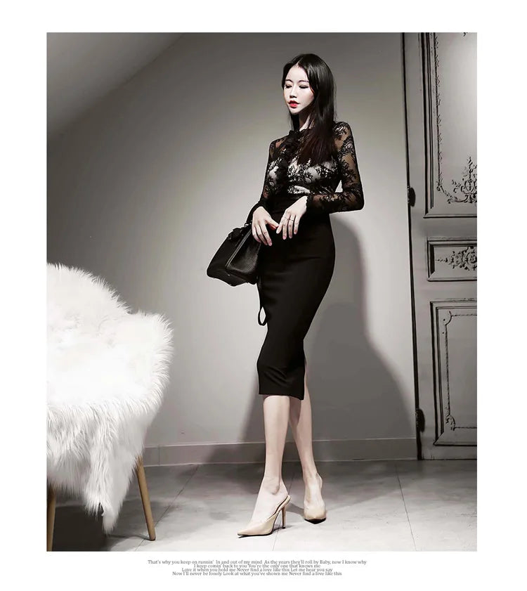 Korean Lace Bodycon Dress Women Office Sheath Pencil