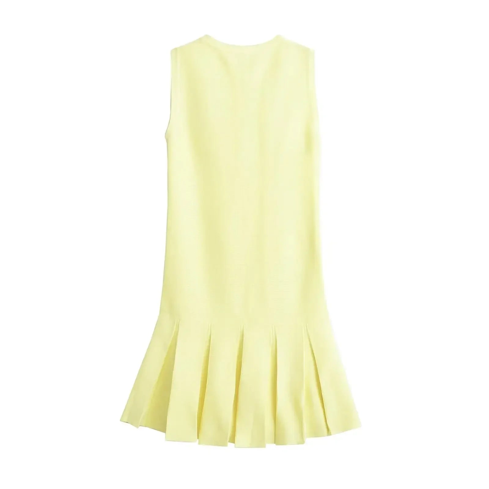 Yellow Knit Pleated Hem Mini Dress With Front Pockets