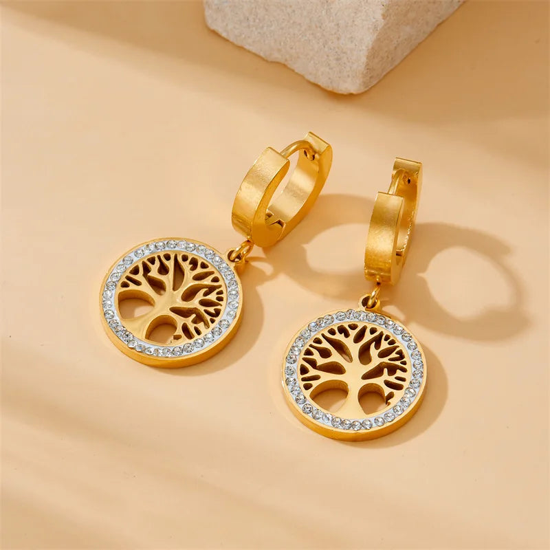 Trendy Titanium Stainless Steel Bohemia Hoop Earrings with CZ Crystal Tree Design for Women and Girls
