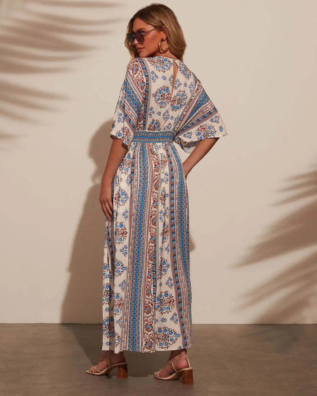 Bohemian Maxi Dress Printed V Neck Beach Vacation Style
