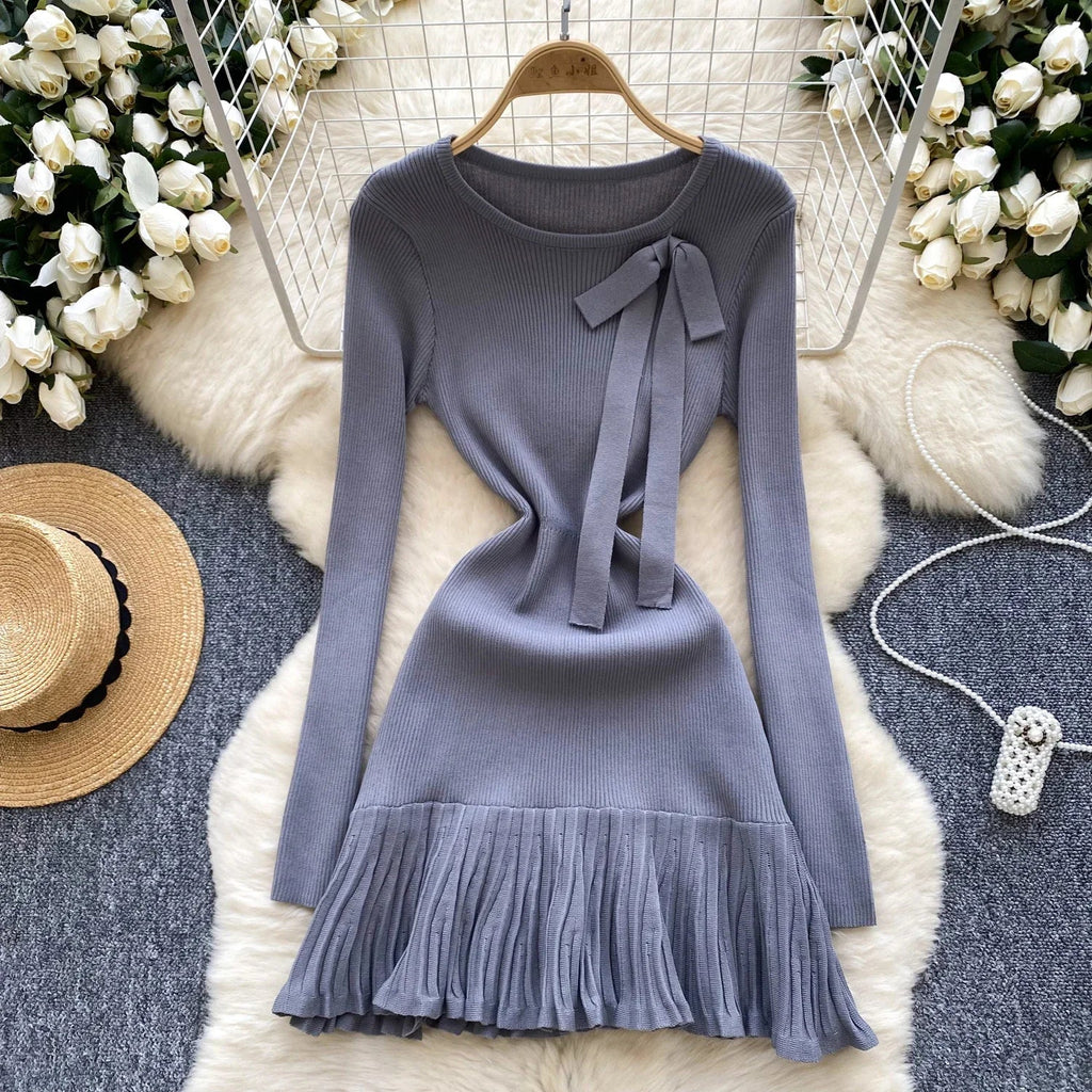 Knitted Short Dress With O Neck Bow Bodycon Chic Style