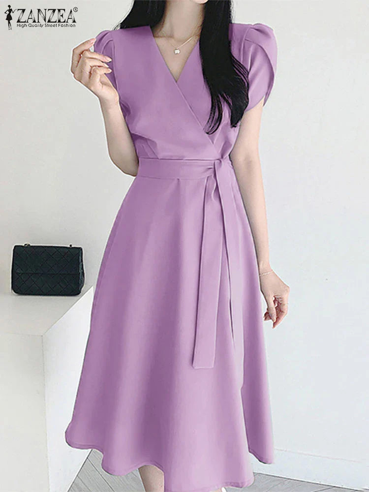 V Neck Midi Dress For Women Solid Cap Sleeve A Line