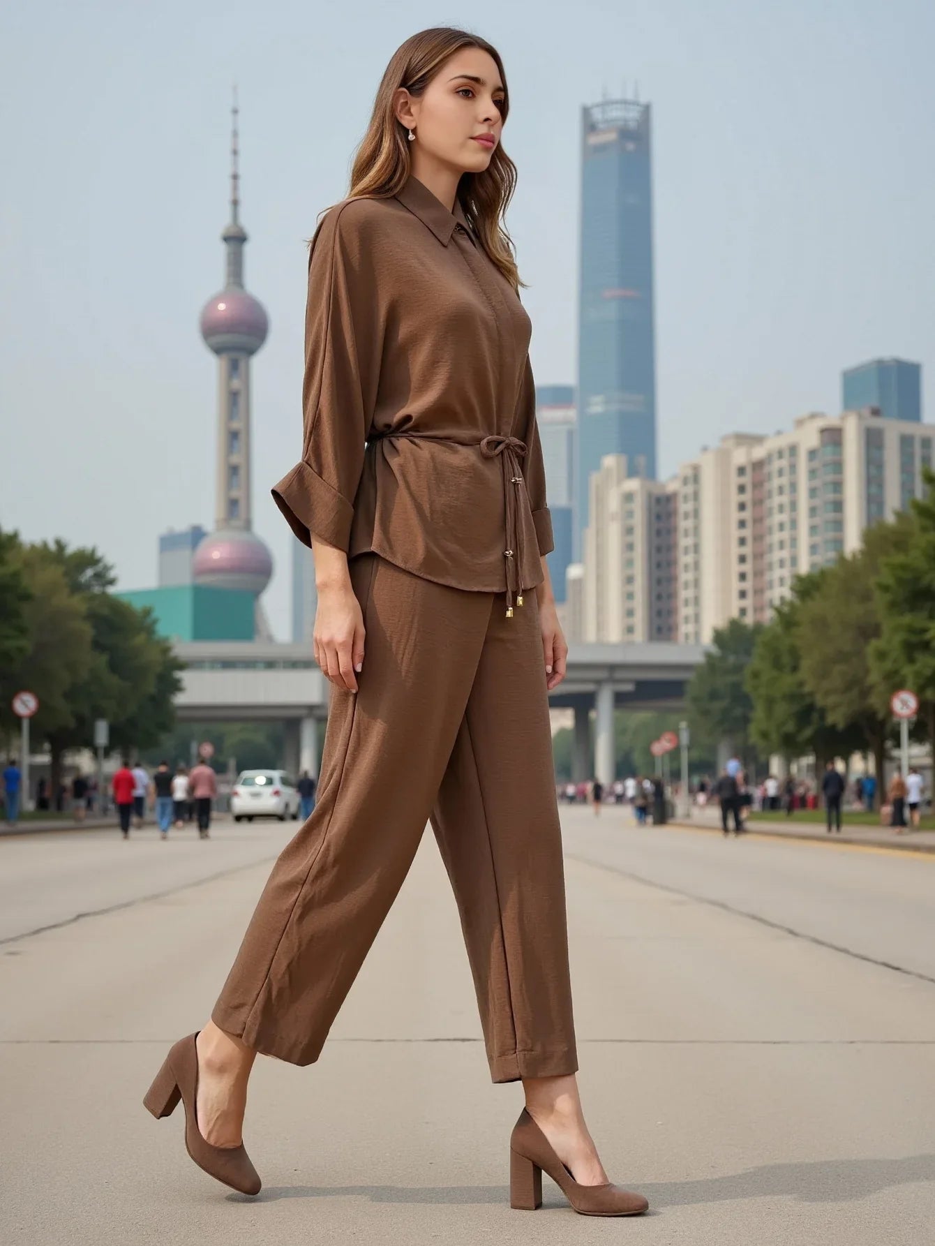 Fashion Women's Casual Pants Set with Solid Khaki Drawstring Waist Blouse and Elastic Waist Baggy Pants
