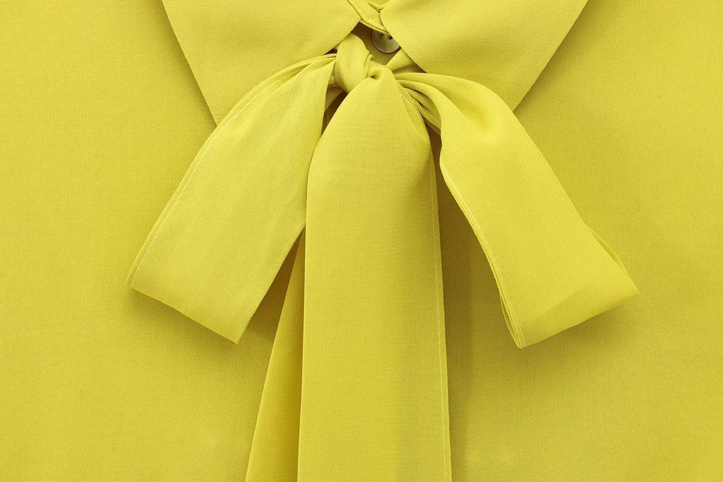Yellow Chiffon Loose Fit Long Sleeve Shirt for Women with Bow Tie and Button Detail Casual Office Blouse