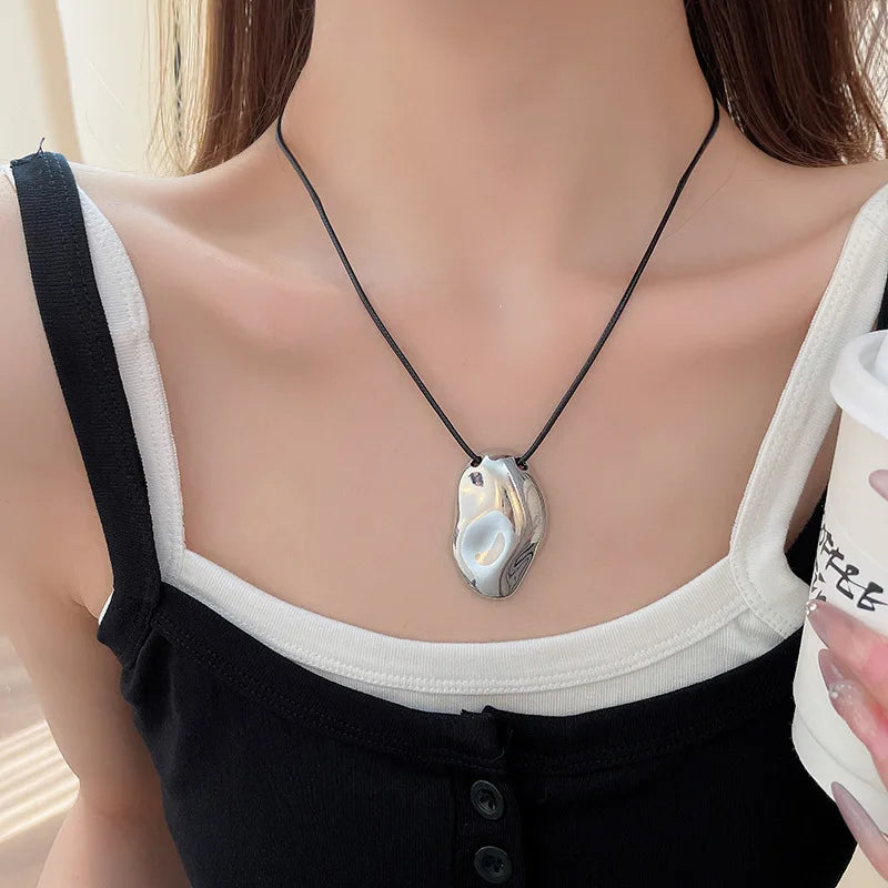 Punk Large U-Shape Geometric Pendant Necklace for Men and Women Adjustable Leather Rope Sweater Chain Jewelry