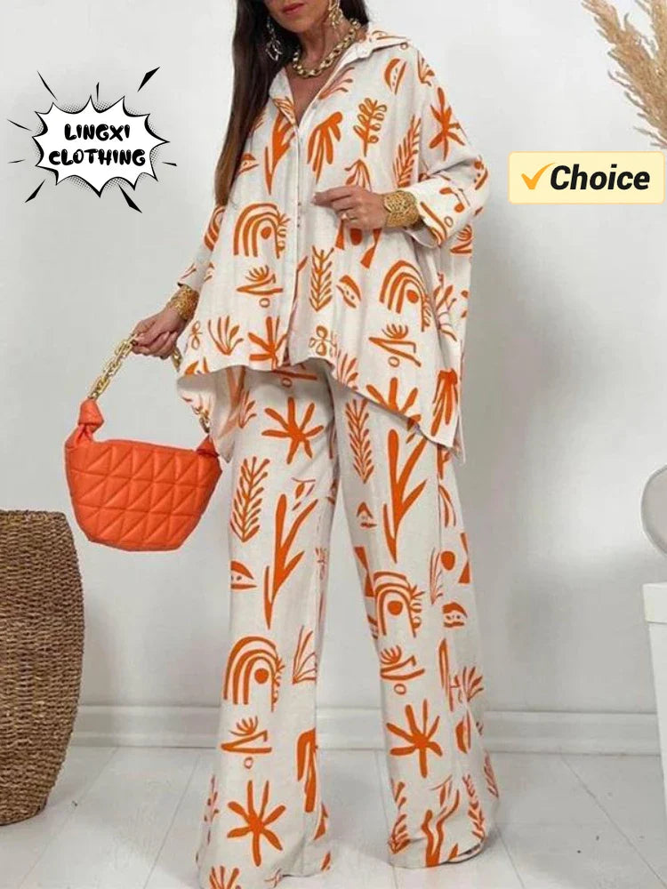 Summer Fashion Printed Women's Two Piece Set with Flip Collar Top and Wide Leg Pants