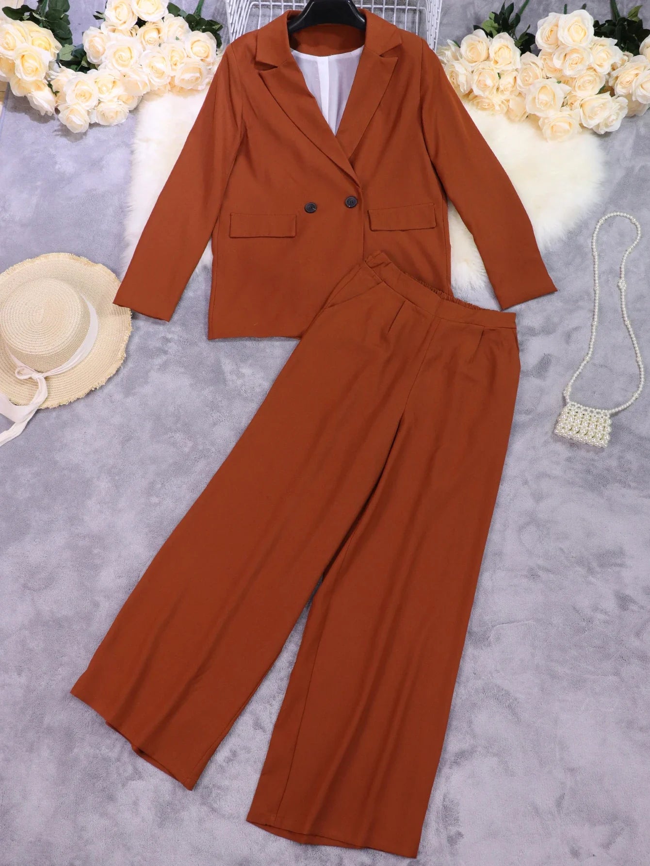 Fashion Solid Blazer Suit and Wide Leg Pants Two Piece Set for Women Autumn Winter Office and Street Style Outfit