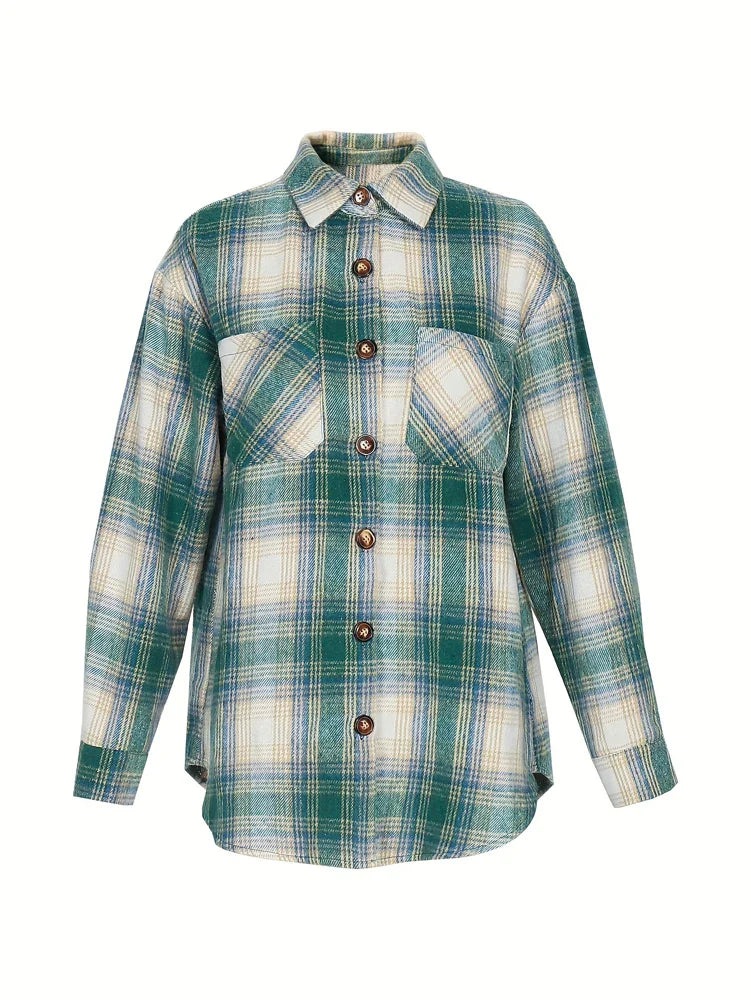 Women's Lightweight Flannel Plaid Shirt Jacket with Straw Buttons Soft Polyester Material Top for Spring and Summer
