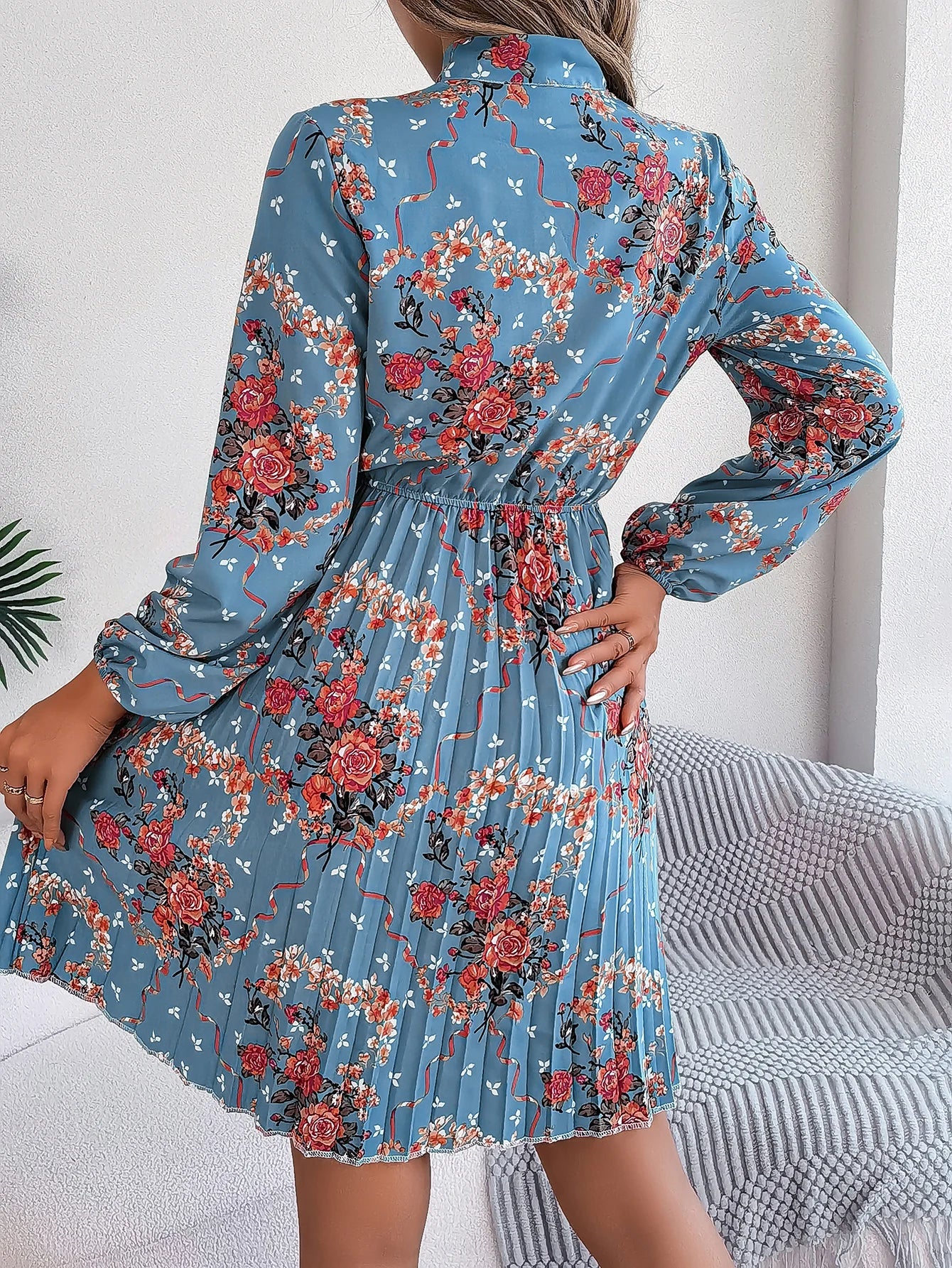 Floral Print Lace Up Long Sleeve Pleated Dress With Bow