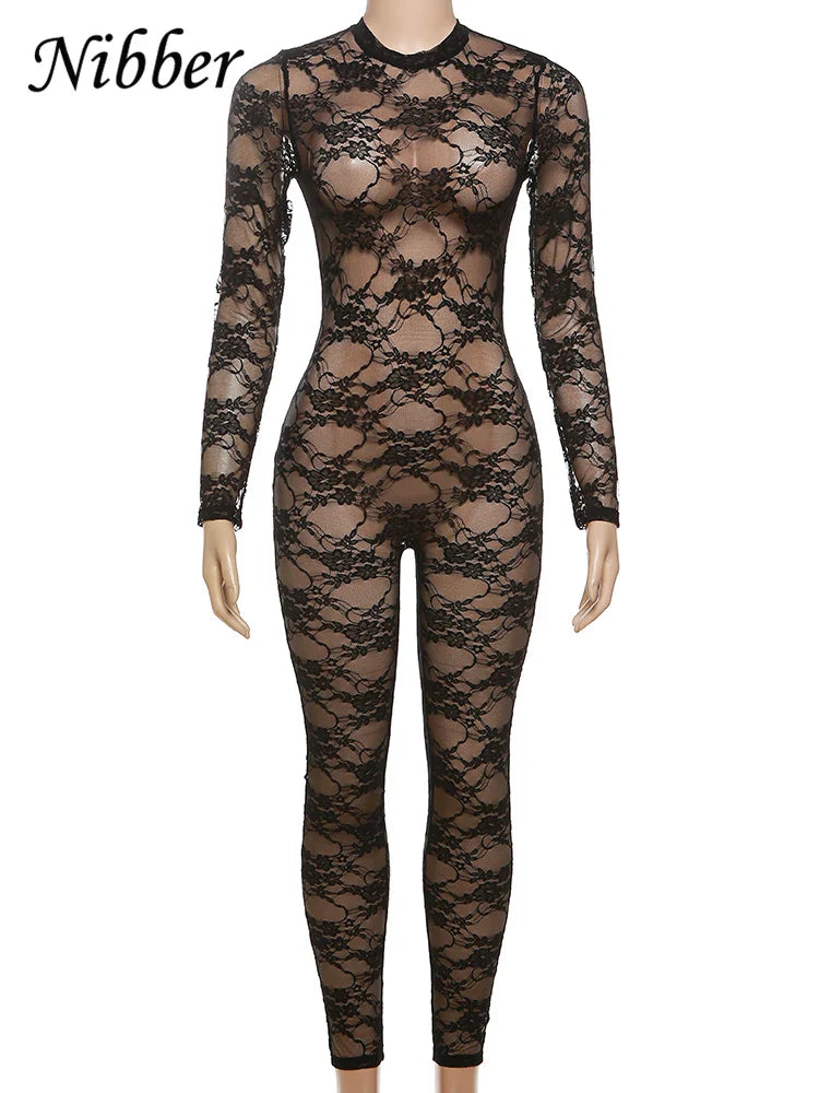 Nibber Lace Mesh Sexy Sheath Jumpsuit for Women Long Sleeve See-Through Skinny One Piece Overalls Midnight Coquette Design