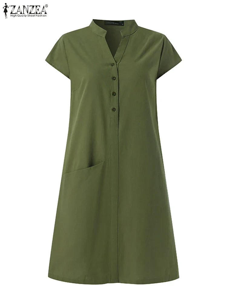 Cotton Summer Dress V Neck Short Sleeve Knee Length