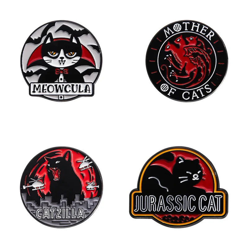 Cute Cat Enamel Pins Set of 4 to 6 Black Fluid Cat Brooches Lapel Badges Unique Animal Jewelry Gift