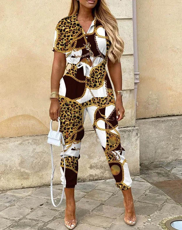 Summer Casual Women's Jumpsuit with Lapel Collar Printed Waistband and Stylish Buckle Detail