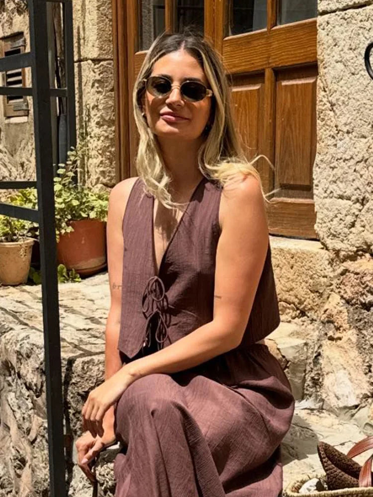 Summer Women's Elegant Solid Color Skirt Set Casual V-neck Bow Lace-Up Sleeveless Crop Vest Top with Loose Drawstring Midi Skirt