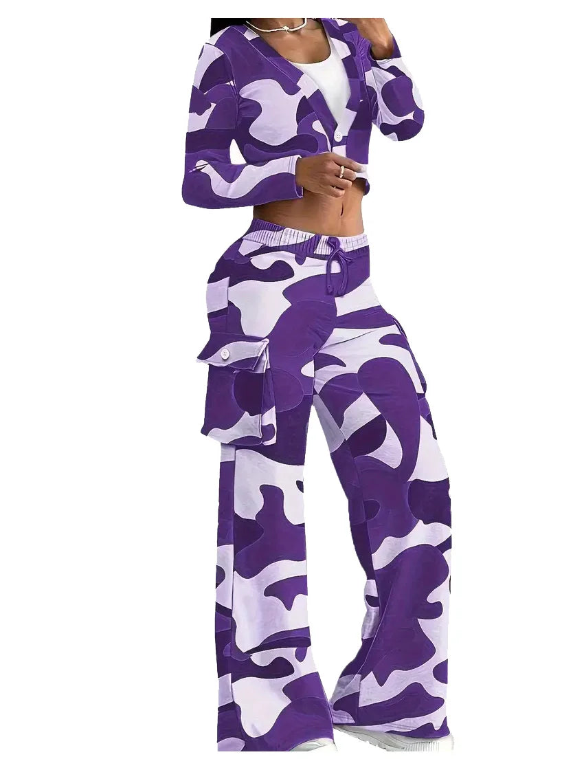 Camo Print Cargo Pants Set with Sexy Crop Top and High Waist Wide Leg Trousers for Women