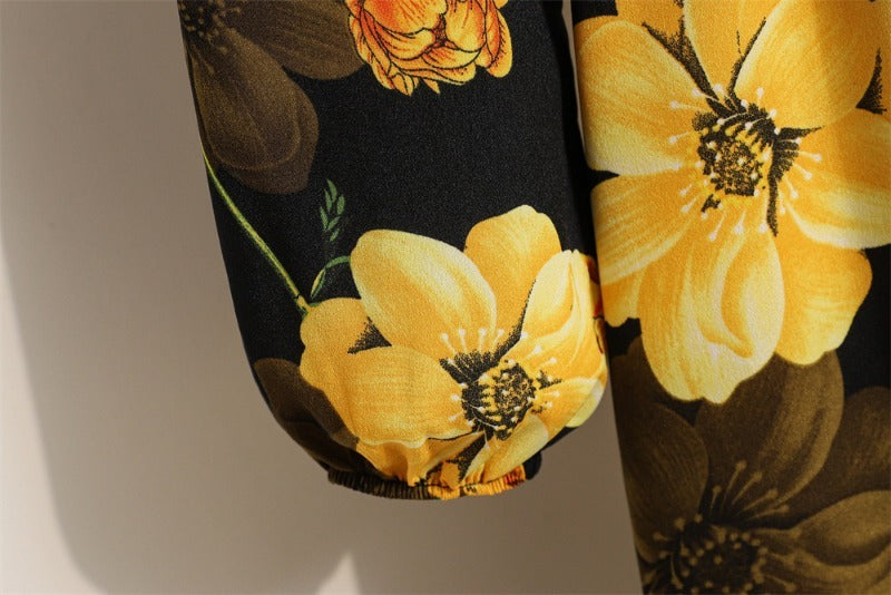 Bohemian Floral Maxi Dress High Waist Chiffon Long Sleeves