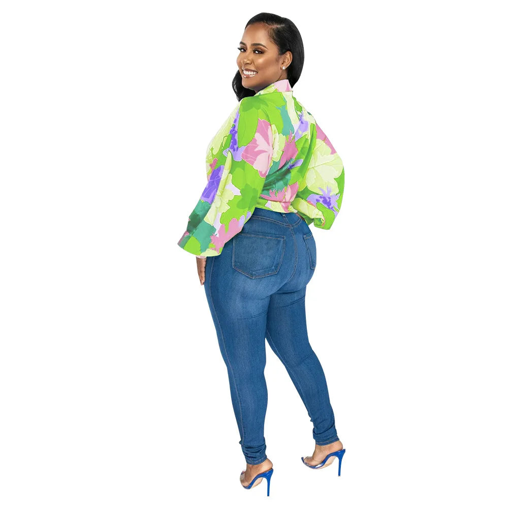 Women's Printed V-Neck Ramie Shirt Loose Bat-Sleeve Summer Top with Belly Cover Age-Reducing Design