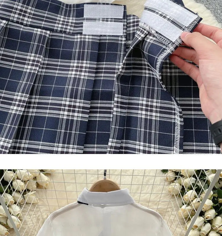 Sexy Preppy Style JK Set for Women Polo Neck See-Through Crop Top Plaid Pleated Short Skirt Student Cosplay Outfit