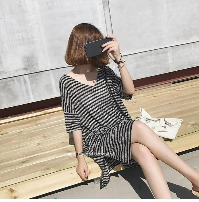 Summer Women's Striped T-Shirt Dress Loose Fit Short Sleeve Casual Tee for Home Wear
