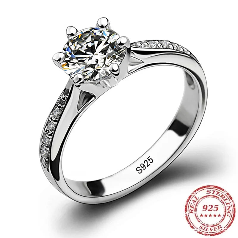 Luxury 925 Sterling Silver Classic Six Claw Diamond Engagement Ring for Women