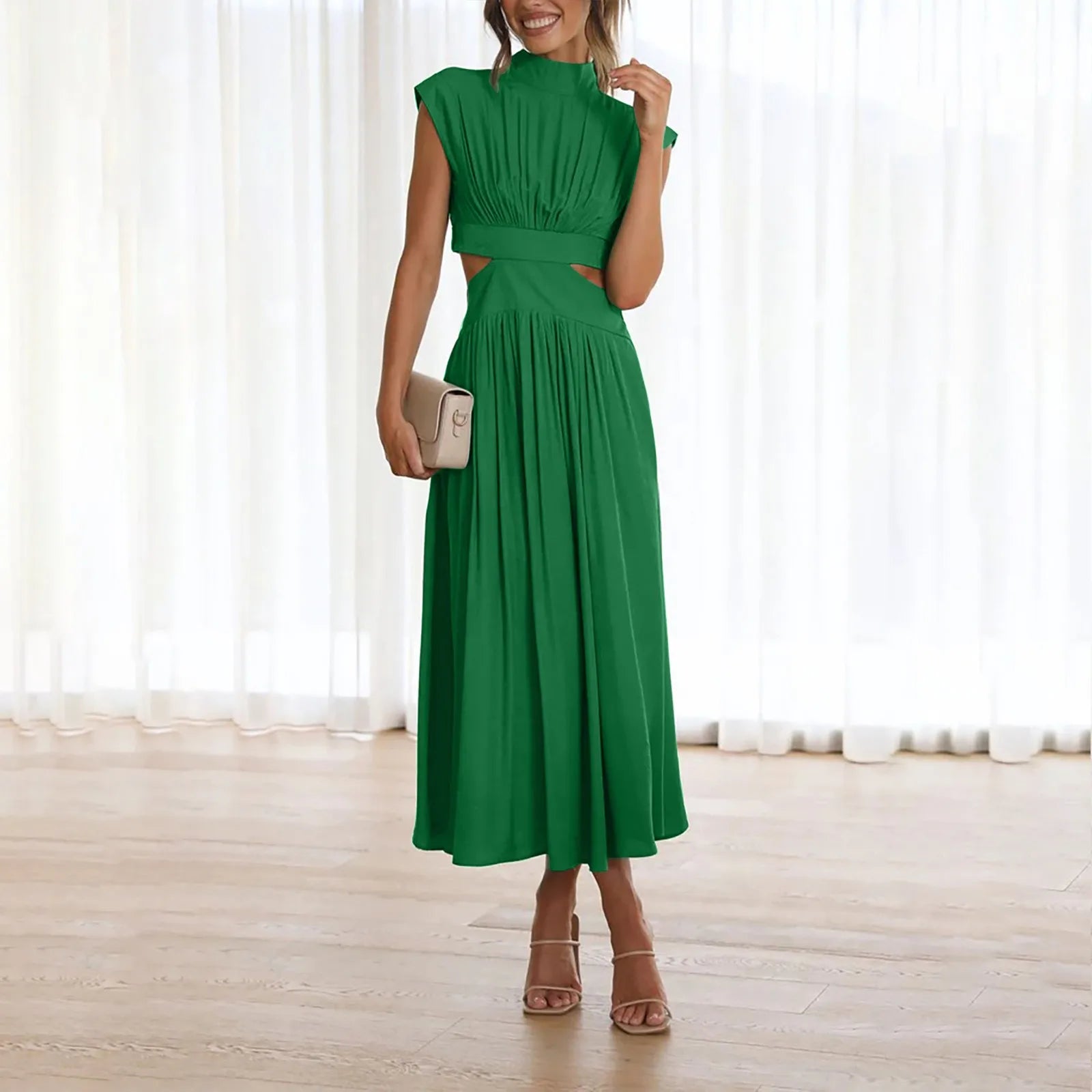 Solid Color High Waist Maxi Dress Sleeveless With Pockets