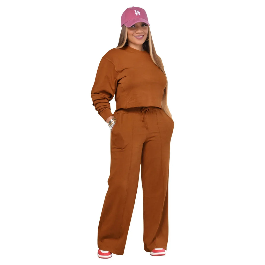 Women Winter Tracksuit Set Pullover Top and Pants 2 Piece Casual Outfit Thicken Warm Solid Color Suit