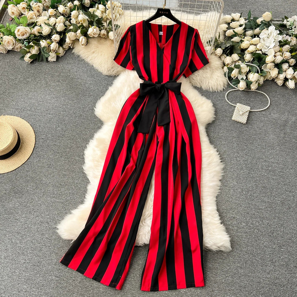 Sleeveless V Neck Stripe Jumpsuit for Women with Lace Up Bow Detail Summer Long Romper High Street Korean Inspired Style