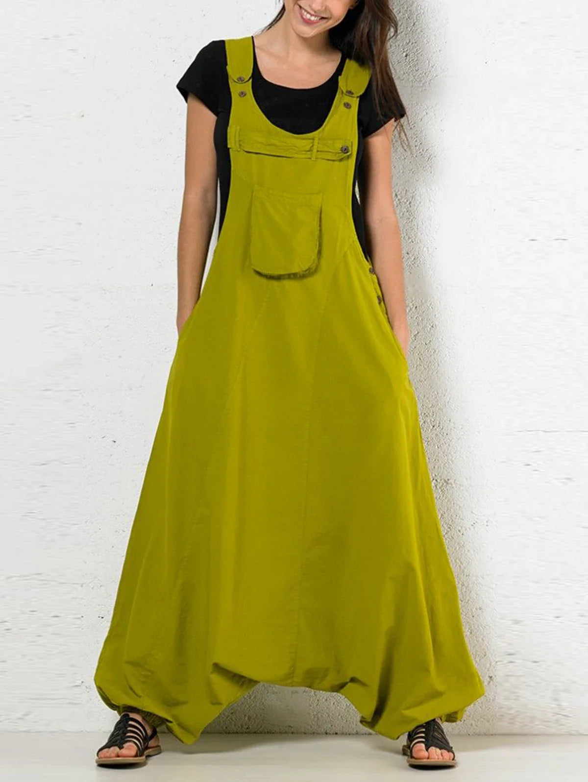 Women's Vintage Pocketed Oversized Jumpsuit Casual Harajuku Style Romper Solid Color Retro High Street Harem Overalls