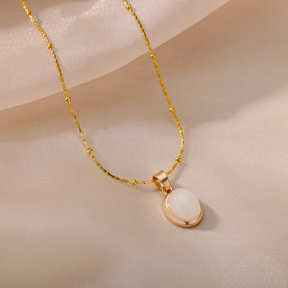 Gold Color Opal Oval Necklace for Women Stainless Steel Pendant Jewelry Gift