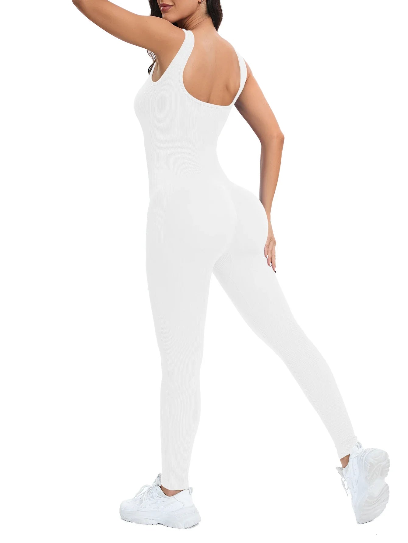 Shapewear Jumpsuit for Women Built-In Bra Sleeveless Bodycon Ribbed Square Neck Summer Romper with Seamless Stretch Fabric and Butt Lifting Support