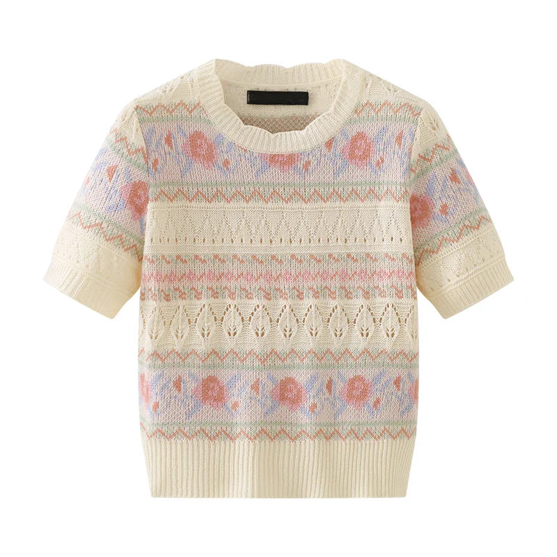 Women Striped Printed Casual T-Shirt with Hollow Out Short Sleeves and O-Neck Design