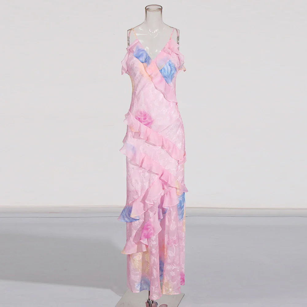 V Neck Sleeveless Backless Long Dress With Ruffles For Women