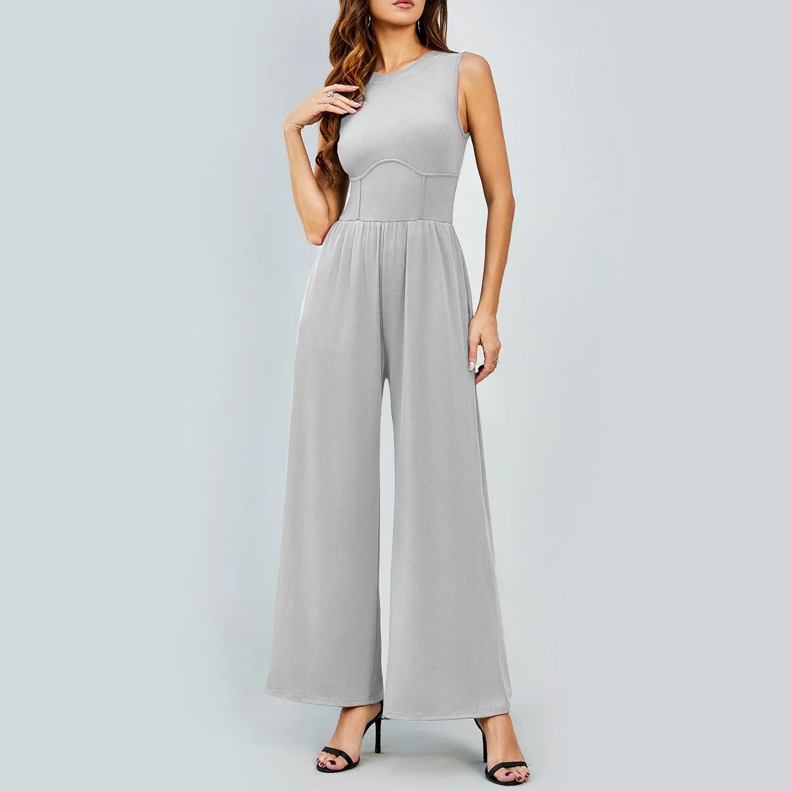 Women Sleeveless High Neck Ribbed Tank Top Jumpsuit Wide Leg Pants Romper with Tummy Control and High Waist Casual Summer Outfit