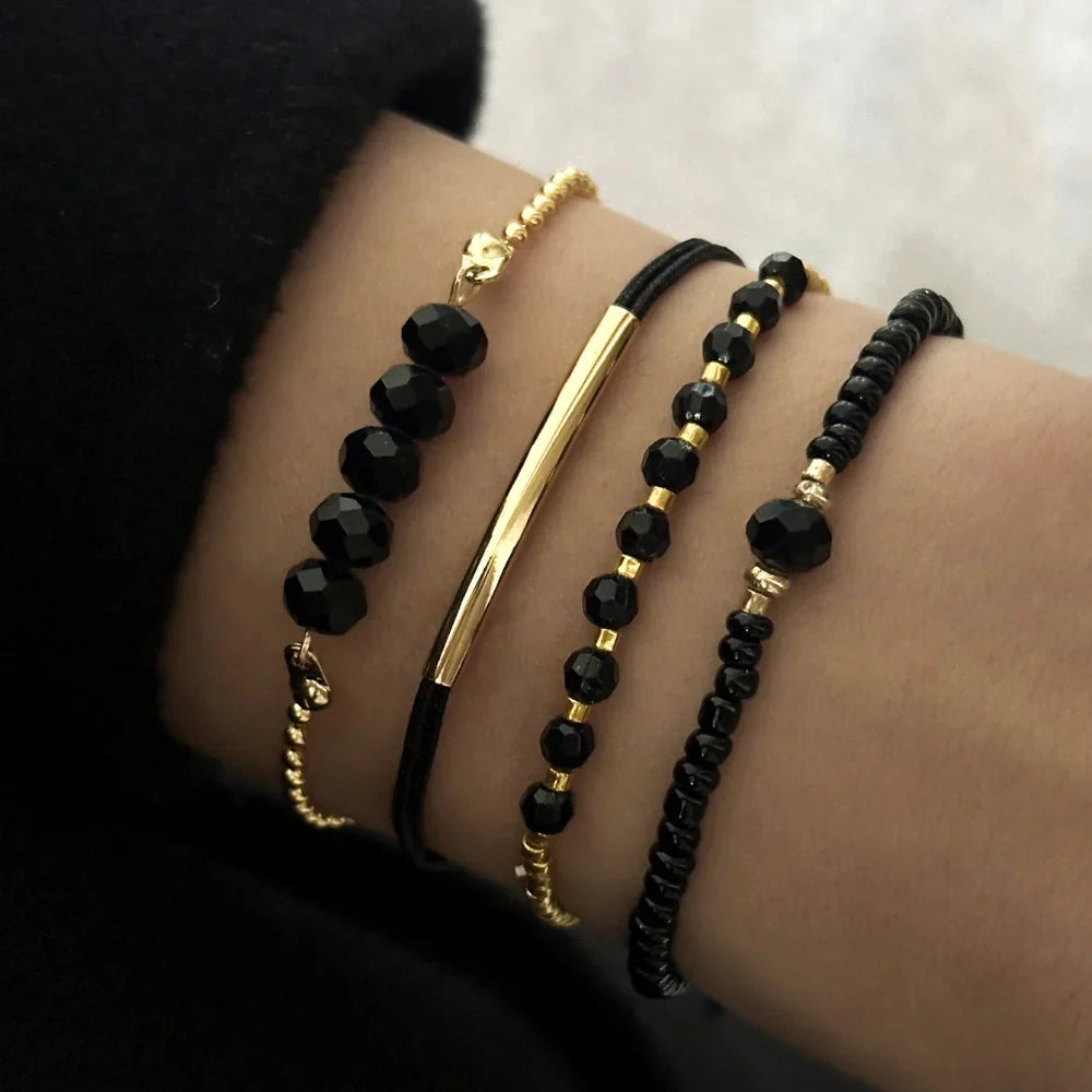 4Pcs Set Black Glass Stone Bracelets for Women Trendy Boho Handmade Jewelry Accessories