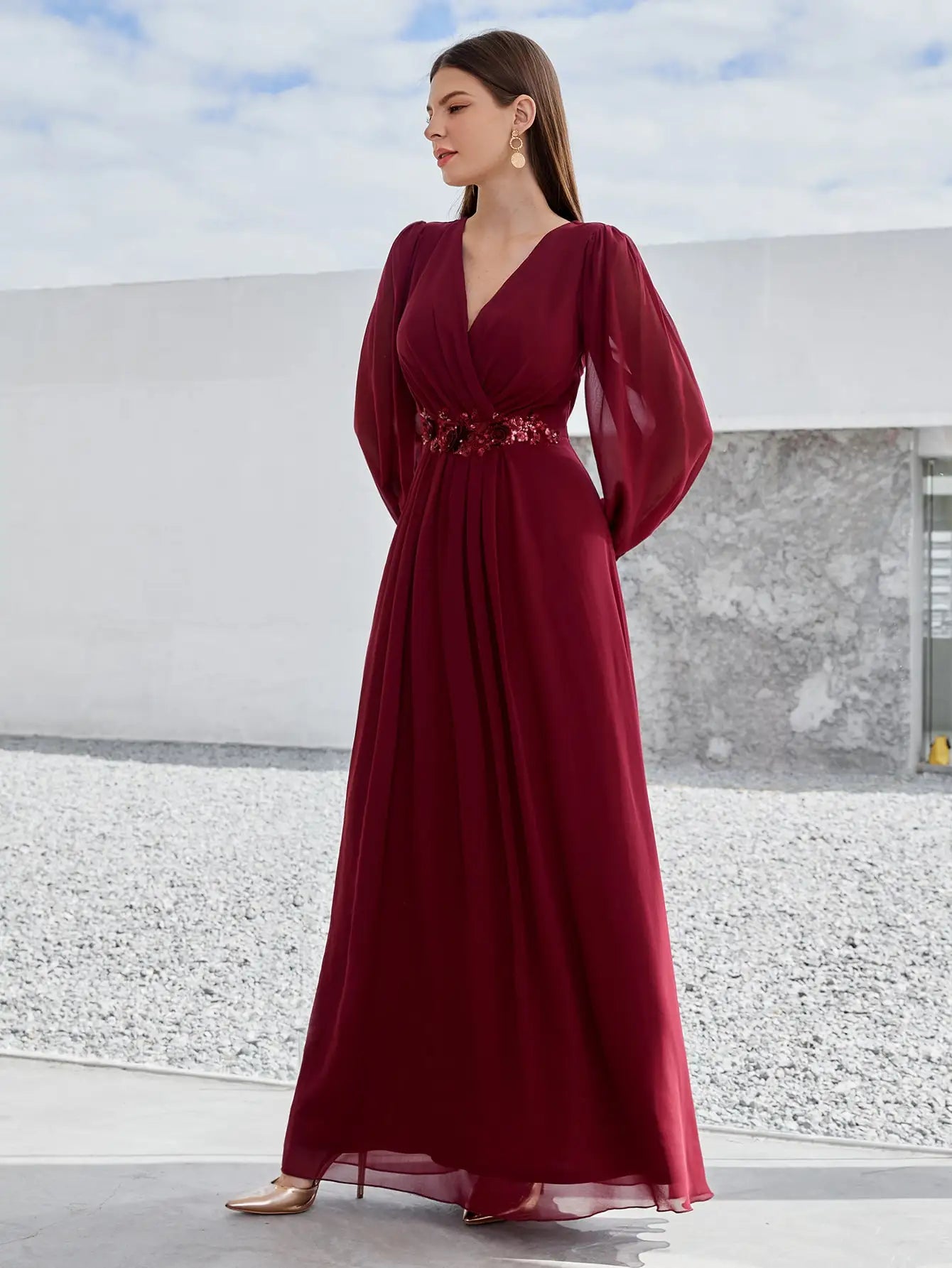 Beaded Print Chiffon V Neck Long Sleeve Evening Gown