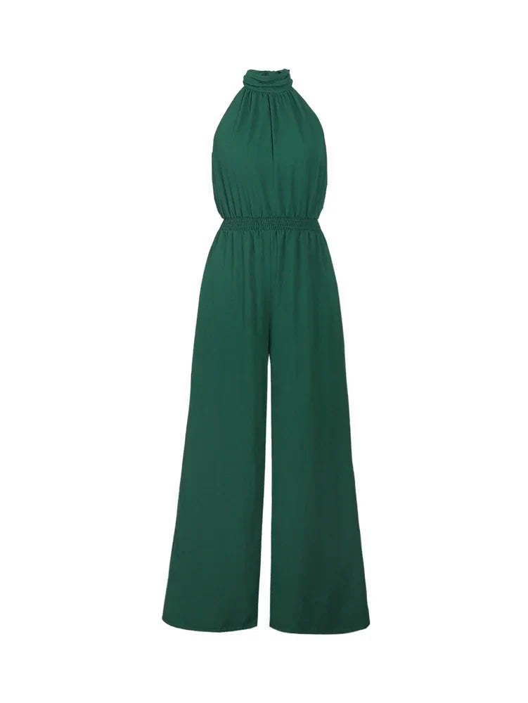 Women's Casual Solid Color Sleeveless Wide-Leg Chiffon Jumpsuit with Hanging Neck and High Waist Ankle-Length Pants for Summer