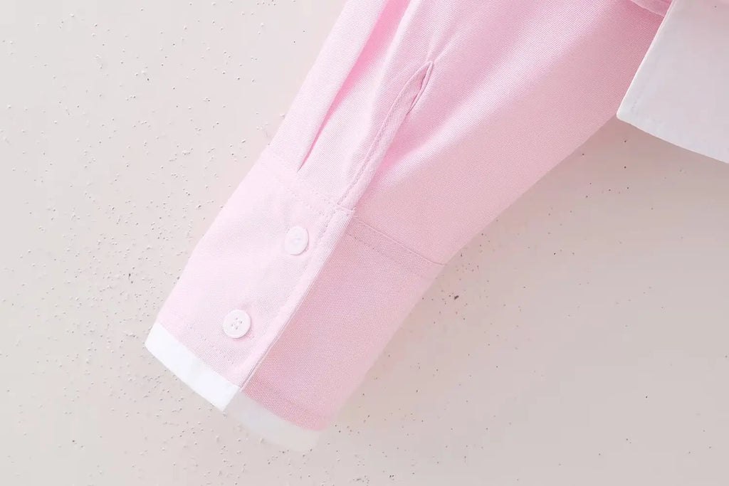 Elegant Patchwork Blouse for Women Long Sleeve Single Breasted Lapel Shirt Chic Short Top