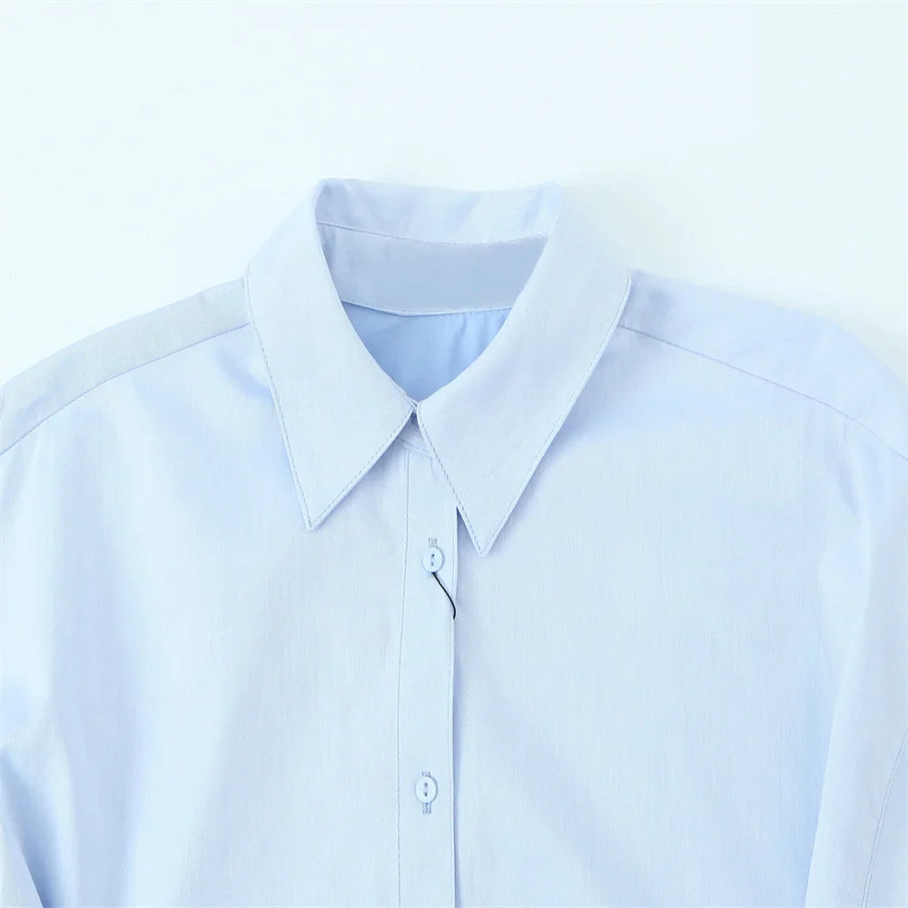 Women's Light Blue Long Sleeve Button Down Shirt with Pleated Waist and Classic Collar for Office and Stylish Wear