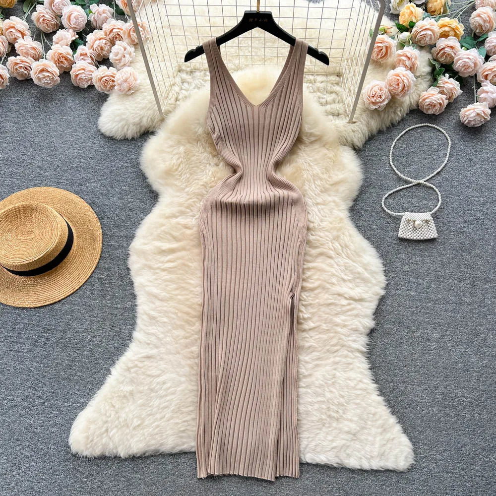 Bodycon Ribbed Knit Dress Women V Neck Slim Fit Elegant