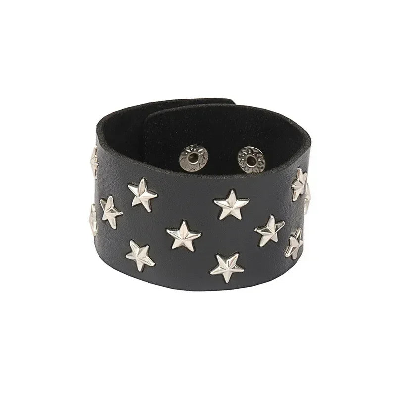 PU Leather Studded Gothic Cuff Bracelet Adjustable Punk Rivet Wristband for Men and Women